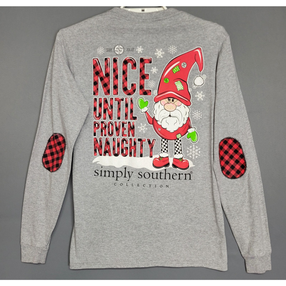 Simply Southern Naughty Christmas Elf Top Womens Small Gray Long Sleeves Graphic